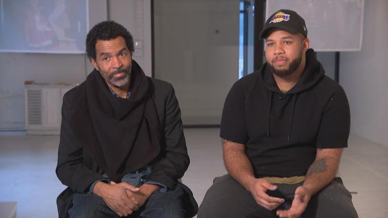 Artists Arthur Wright, left, and Blake Lenoir speak with WTTW News about the Black Creativity exhibit.