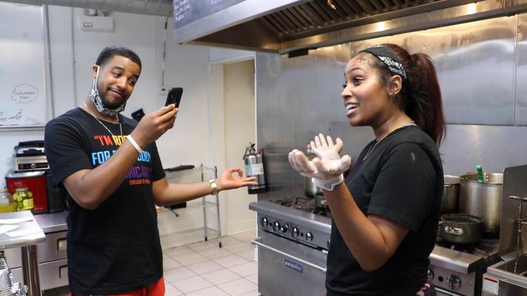 percent loss in revenue during the pandemic. Food blogger Jeremy Joyce films Krissy Harper, owner of Cleo’s Southern Cuisine, for his social media account Black People Eats on June 27, 2020. (Evan Garcia / WTTW News)