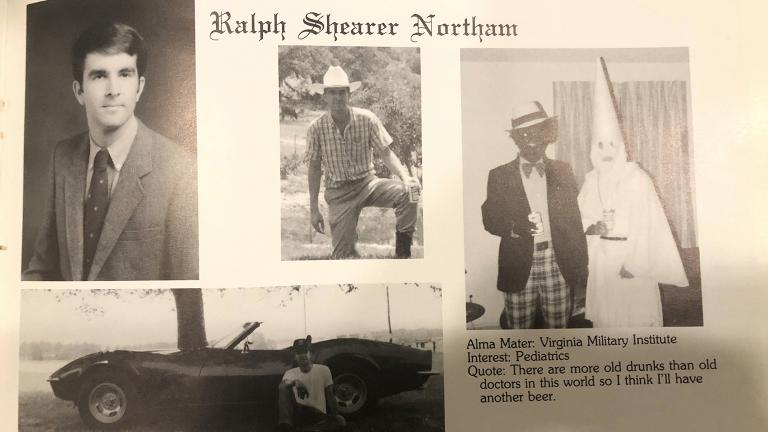 This image shows Virginia Gov. Ralph Northam’s page in his 1984 Eastern Virginia Medical School yearbook, including a picture, at right, of a person in blackface and another wearing a Ku Klux Klan hood. (Eastern Virginia Medical School via AP)