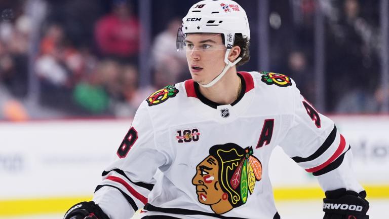 FILE - Chicago Blackhawks' Connor Bedard plays during an NHL hockey game Thursday, March 26, 2026, in Philadelphia. (AP Photo / Matt Slocum, File)