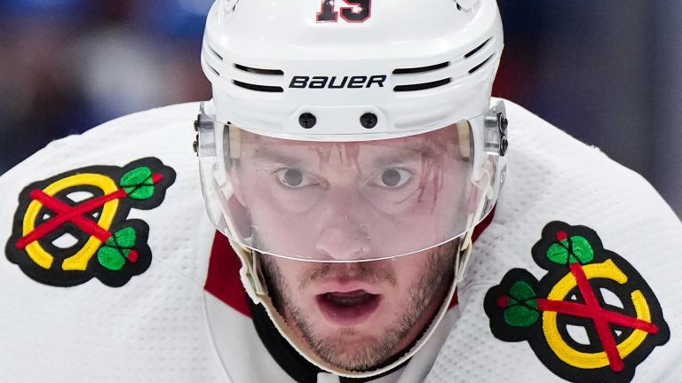 Chicago Blackhawks' Jonathan Toews waits for a faceoff during the third period of the team's NHL hockey game against the Vancouver Canucks on Thursday, April 6, 2023, in Vancouver, British Columbia. (Darryl Dyck / The Canadian Press via AP)
