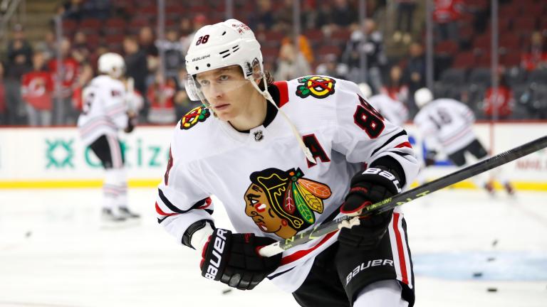 Chicago Blackhawks right wing Patrick Kane (88) skates before an NHL hockey game against the New Jersey Devils, Tuesday, Dec. 6, 2022, in Newark, N.J. (AP Photo / Noah K. Murray, File)