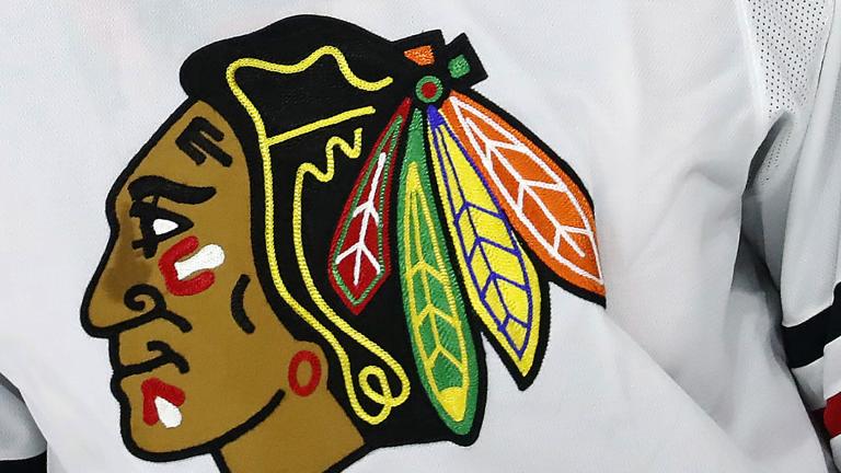 The Chicago Blackhawks logo adorns a jersey in Raleigh, N.C., May 3, 2021. (AP Photo / Karl B DeBlaker, File)