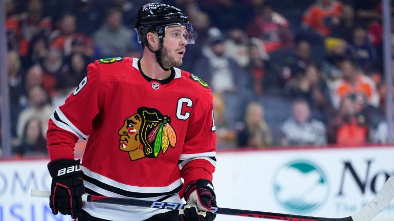 Chicago Blackhawks’ Jonathan Toews plays during the team’s NHL hockey game against the Philadelphia Flyers on Jan. 19, 2023, in Philadelphia. (AP Photo / Matt Slocum, File)