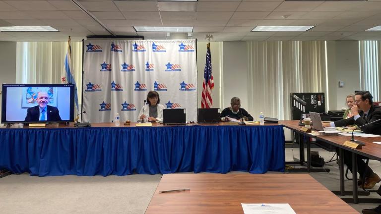 The electoral board of the Chicago Board of Elections Commissioners review cases challenging the petitions of people who filed to run in the 2024 school board elections. This year, challenges have been filed against more than half of the candidates running in the election this November. (Becky Vevea / Chalkbeat)