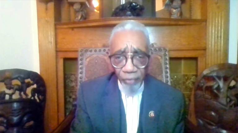 Rep. Bobby Rush appears on “Chicago Tonight” via Zoom. (WTTW News)