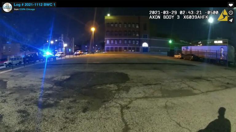 An image from body camera video released April 15 by the Civilian Office of Police Accountability shows an area near the scene of the fatal shooting of Adam Toledo on March 29, 2021. (WTTW News via COPA)