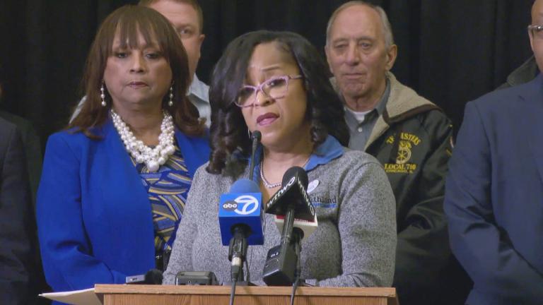 Southland Chamber of Commerce Chair Bonita Parker speaks at a March 20, 2023, news conference. (WTTW News)