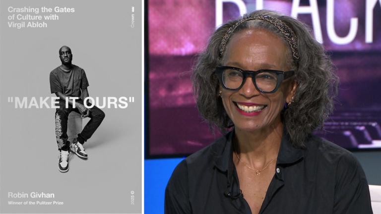 Left: “Make It Ours: Crashing the Gates of Culture with Virgil Abloh” book cover. (Provided) Right: Robin Givhan appears on "Chicago Tonight: Black Voices" on Oct. 8, 2025. (WTTW News)