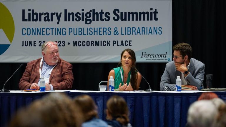 Heather Hutto, executive director of Bristow Public Library, center, along with former President of United for Libraries Skip Dye, left, and Executive Director of the Digital Public Library of America John Bracken, right, speaks during a panel discussion about understanding and combating book bans at the American Library Association's annual conference and exhibition on Friday, June 23, 2023, at McCormick Place in Chicago. (AP Photo / Erin Hooley)