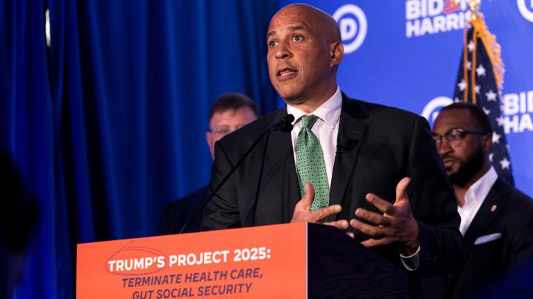 U.S. Sen. Cory Booker campaigns for President Joe Biden in Milwaukee on July 16, 2024. (Michael Izquierdo / WTTW News)