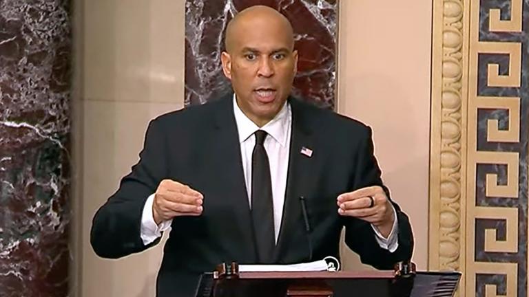 In this image provided by Senate Television, Sen, Cory Booker, D-N.J. speaks on the Senate floor, Tuesday morning, April 1, 2025. (Senate Television via AP)