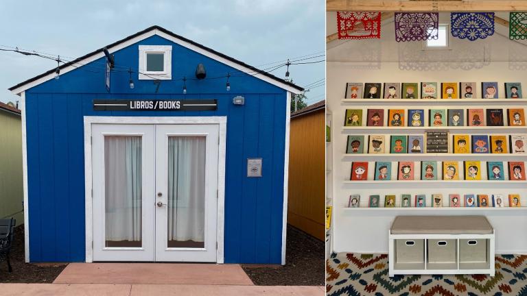 This combination of photos show Los Amigos Books in Berwyn, Ill. The store, launched by Laura Romani, focuses on children's stories in English and Spanish. (Laura Rodríguez-Romaní via AP)