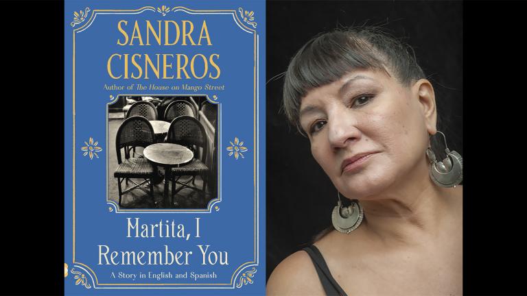 This combination of images released by Vintage Books shows cover art for "Martita, I Remember You," left, and a portrait of author Sandra Cisneros. (Vintage Books via AP, left, and Keith Dannemiller via AP)