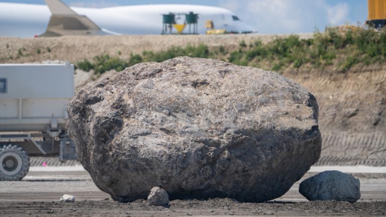 This 50-ton boulder excavated at O'Hare Airport is a piece of Chicago's ancient history. (Courtesy Chicago Department of Aviation)