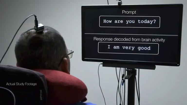 Researchers have developed technology that enabled a man unable to speak because of paralysis to communicate by translating his brain waves into text on a computer screen. (Courtesy of UC San Francisco)