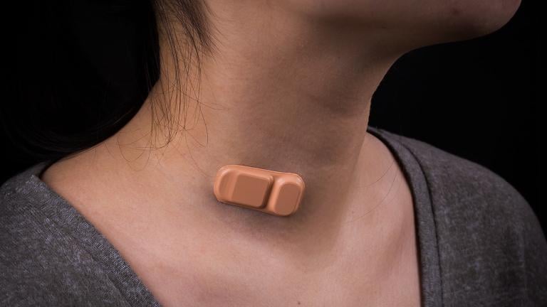 Band-Aid-like wearable shunt monitor, as seen on woman's neck. (Courtesy of Northwestern University)