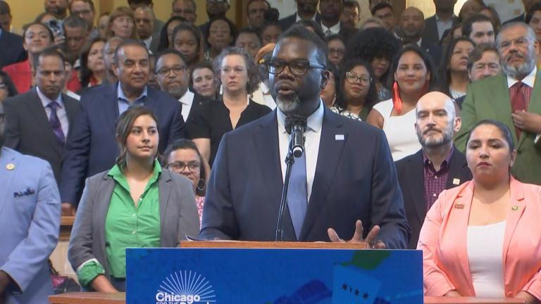 Mayor Brandon Johnson unveils the report compiled by his 400-member transition committee on Thursday, July 6, 2023. (WTTW News)