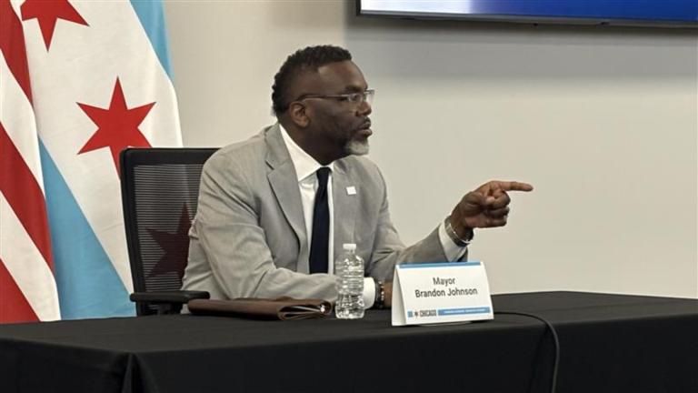 Mayor Brandon Johnson addresses the news media on March 24, 2026. (Heather Cherone / WTTW News)