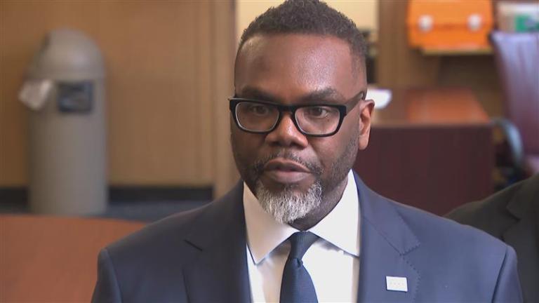 Mayor Brandon Johnson addresses the news media on April 7, 2025. (WTTW News)