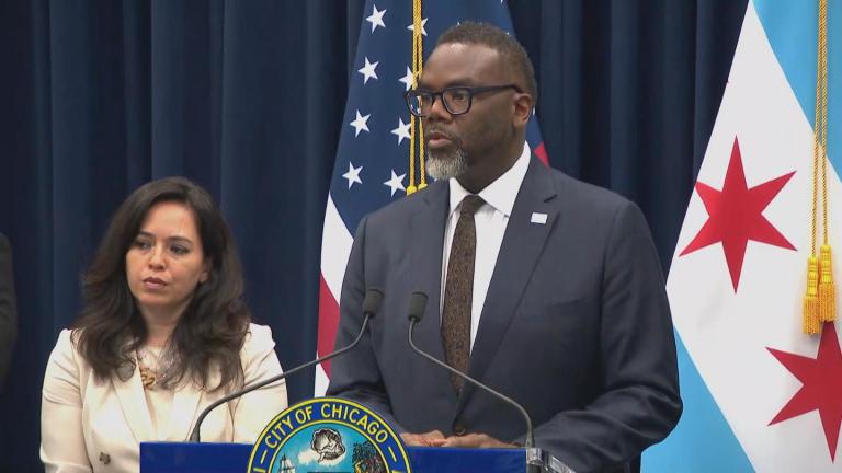 Mayor Brandon Johnson addresses the news media on June 12, 2024, alongside Chief of Staff Cristina Pacione Zayas. (Heather Cherone / WTTW News)