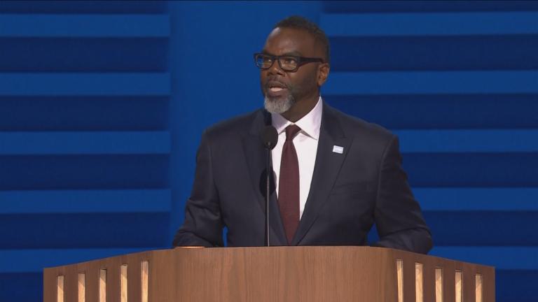 Mayor Brandon Johnson speaks at the Democratic National Convention on Aug. 19, 2024. (WTTW News) Mayor Brandon Johnson speaks at the Democratic National Convention on Aug. 19, 2024. (WTTW News)