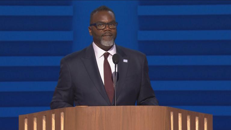 Mayor Brandon Johnson speaks at the Democratic National Convention at the United Center on Aug. 19, 2024. (WTTW News)