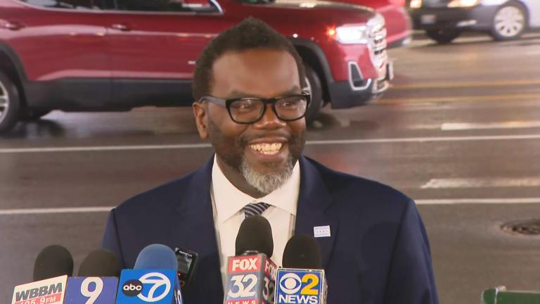 Brandon Johnson addresses the media the morning after his election win on April 5, 2023. (WTTW News)