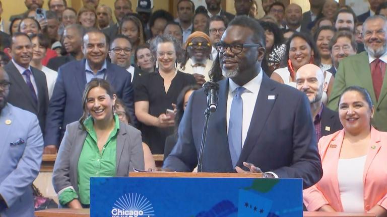 Mayor Brandon Johnson unveils the report compiled by his 400-member transition committee on Thursday, July 6, 2023. (WTTW News)