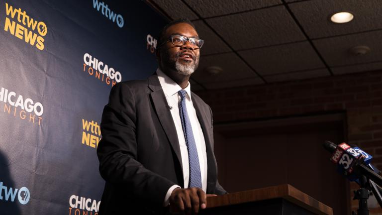 Cook County Commissioner Brandon Johnson fields questions from the news media on Feb. 7, 2023, after the WTTW News mayoral forum. (Michael Izquierdo / WTTW News)