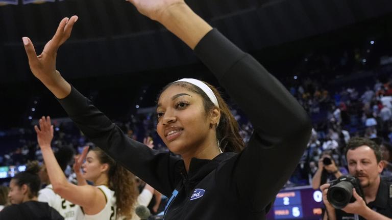 Chicago Sky forward Angel Reese responds to the crowd after a WNBA exhibition basketball game against Brazil in Baton Rouge, La., Friday, May 2, 2025. (AP Photo/Gerald Herbert)