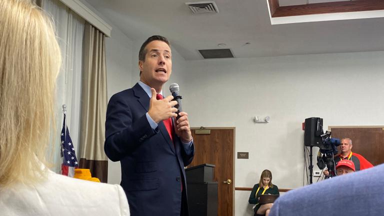 Bernie Moreno, Republican candidate for U.S. Senate in Ohio, speaks to the Illinois Republican delegation about his campaign unseat incumbent Sen. Sherrod Brown on July 18, 2024. (Nick Blumberg / WTTW News)