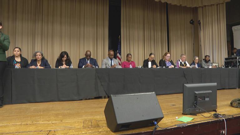 City officials at a community meeting Tuesday evening revealed the first detailed plans for a massive tent on a vacant, privately owned lot in Brighton Park. (WTTW News)