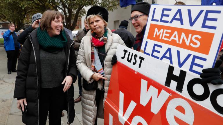 British conservative lawmaker Anna Soubry, centre, who campaigned to remain in the European Union during referendum debates, reacts with pro-Brexit protesters outside parliament in London, Thursday Jan. 10, 2019. (AP Photo / Alastair Grant, File)