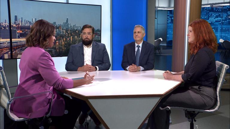 From left: “Chicago Tonight” anchor Brandis Friedman; Oak Park Village Board Trustee Brian Straw; Democratic Committeeperson Michael Rabbitt; and Catherine Sharp, chief of staff for the 40th Ward. (WTTW News)