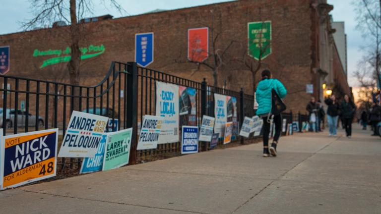An array of Chicago mayoral and City Council signs are posted outside of Broadway Armory Park, a 48th Ward polling location on Feb. 28, 2023. (Michael Izquierdo / WTTW News)