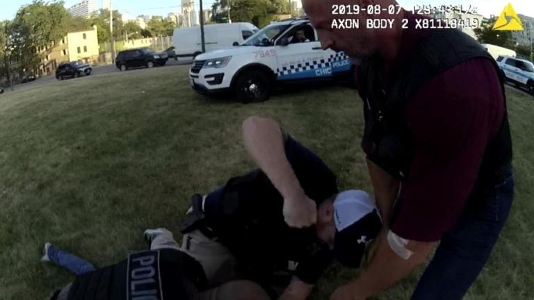 An image captured by a Chicago Police Department officer’s body-worn camera shows Officer Michael Bryant striking an individual during an incident in August 2019. (Civilian Office of Police Accountability)