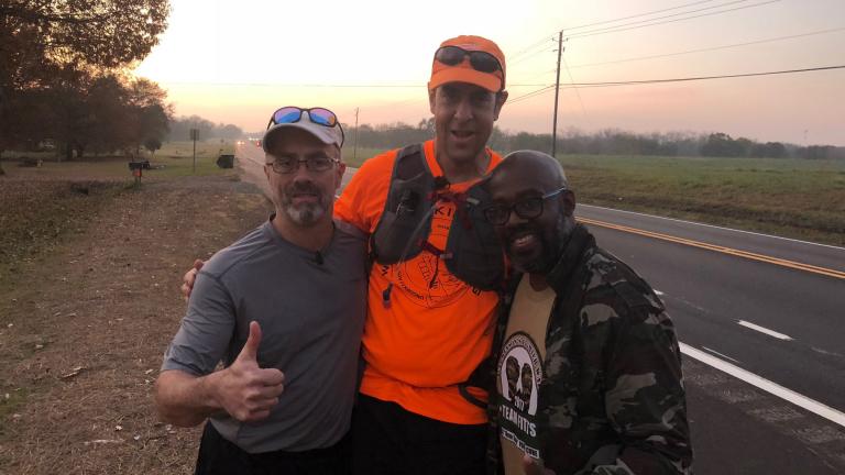 Bill Bucklew (center) is walking 2,500 miles across the country to raise funds and awareness for Parkinson’s disease. (Courtesy of Bill and Heidi Bucklew)