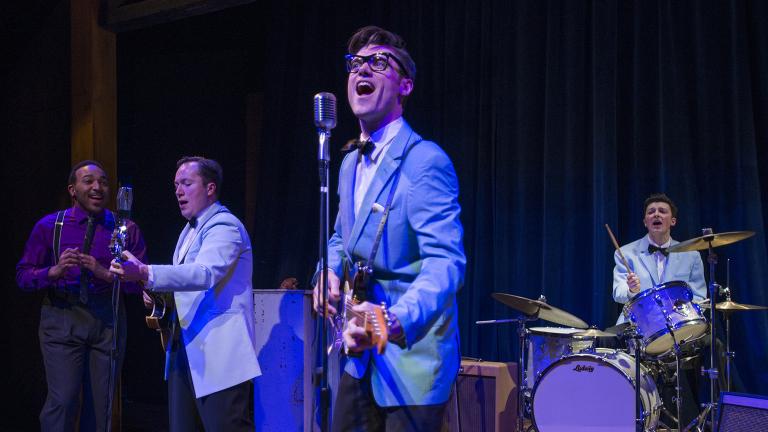 From left: Chuckie Benson, Michael Mahler, Zachary Stevenson and Kieran McCabe in “Buddy: The Buddy Holly Story.” (Photo credit: Michael Brosilow)