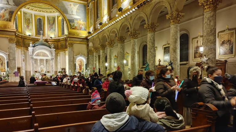 St. Mary of the Lake parishioners depart the church on the first night of Las Posadas, Dec 16, 2021. (Credit: Erica Gunderson)
