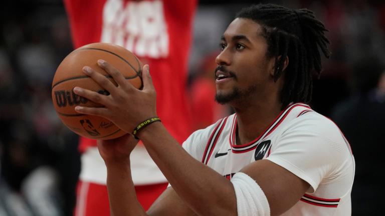 Chicago Bulls guard Jaden Ivey warms up before an NBA basketball game against the Toronto Raptors, Thursday, Feb. 19, 2026, in Chicago. (AP Photo / Erin Hooley, File)