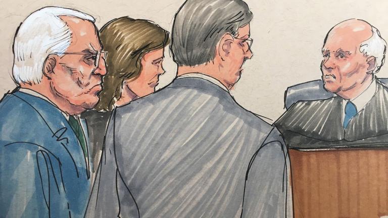 In this courtroom sketch, Ald. Ed Burke, left, appears before U.S. Federal Magistrate Judge Jeffrey Cole with his attorneys on Tuesday, June 4, 2019. (Credit: Tom Gianni)