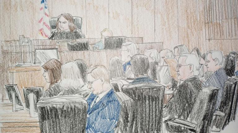 Lawyers and defendants in the Ed Burke trial appear before Judge Virgina Kendall on Nov. 16, 2023. (WTTW News)