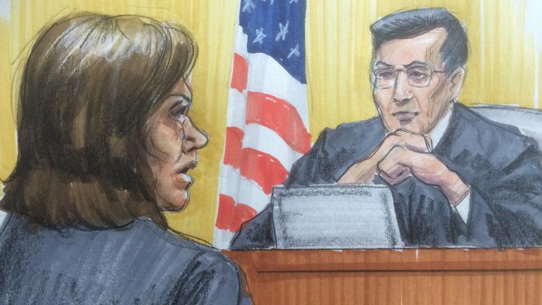 Courtroom sketch of Barbara Byrd-Bennett pleading and crying in front of U.S. District Judge Edmond Chang. (Thomas Gianni)