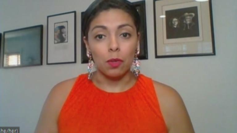 Nina Sanchez, director of Enrich Chicago, appears on “Chicago Tonight” via Zoom on June 11, 2020. (WTTW News)