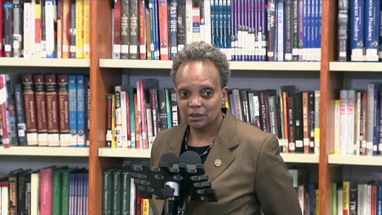 Mayor Lori Lightfoot and CPS CEO Janice Jackson addressed students returning to Walter Payton College Prep for the first time in 13 months, April 20, 2021. (WTTW News via NBC)