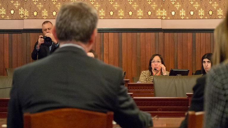 State Sen. Cristina Castro is pictured in a Senate Executive Committee hearing in 2024 in Springfield. (Jerry Nowicki / Capitol News Illinois)