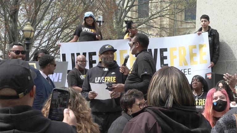 Lawmakers and advocates from the Live Free Illinois coalition rally on the steps of the Illinois State Capitol in Springfield on April 10 in support of a bill to seal certain criminal records. The “Clean Slate” Act passed the House but not the Senate. (Medill Illinois News Bureau photo by Reilly Cook)