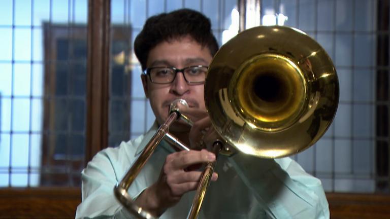Rafael Noriega performs on the bass trombone, Feb. 1 2021. (WTTW News)
