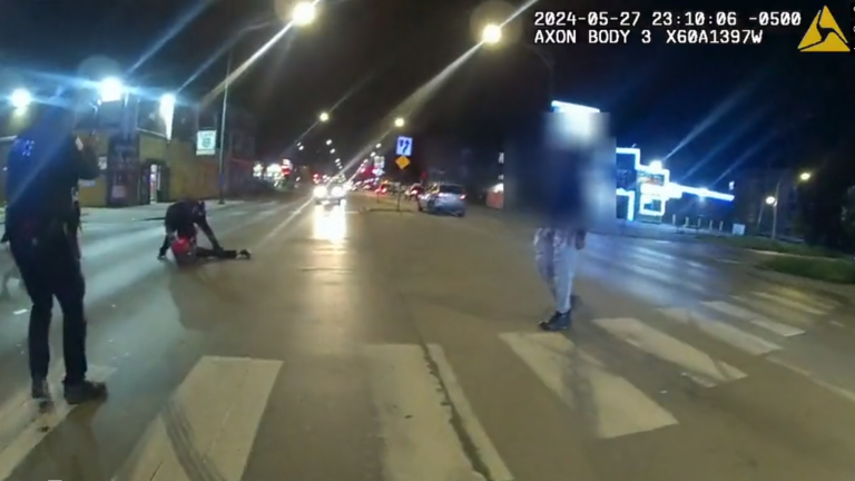 Body camera footage shows officers the moments before Tracey Watson was fatally shot by Chicago police officers following an altercation with a second man on May 27, 2024. (Civilian Office of Police Accountability)